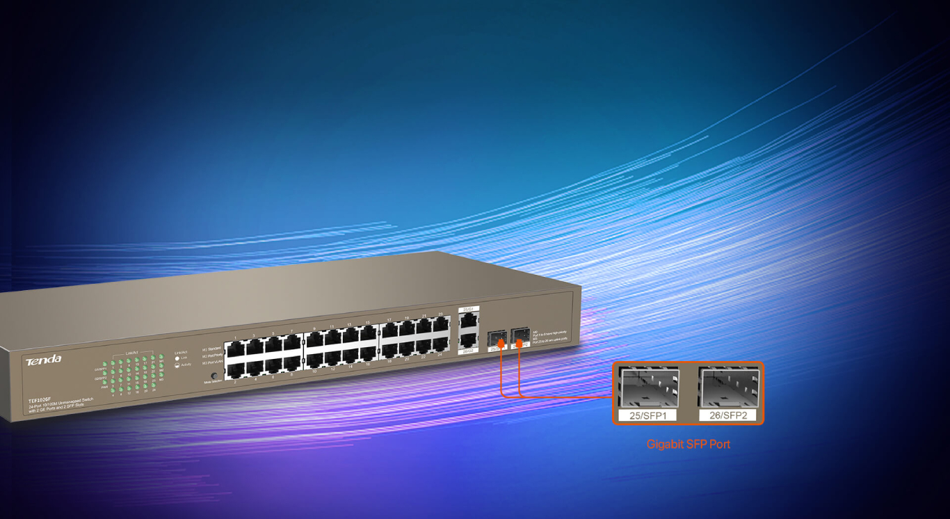 Switch Tenda 24 Portas 10/100 Mbps Fast Ethernet com 2 Portas Gigabit +2SFP  - TEF1026F 